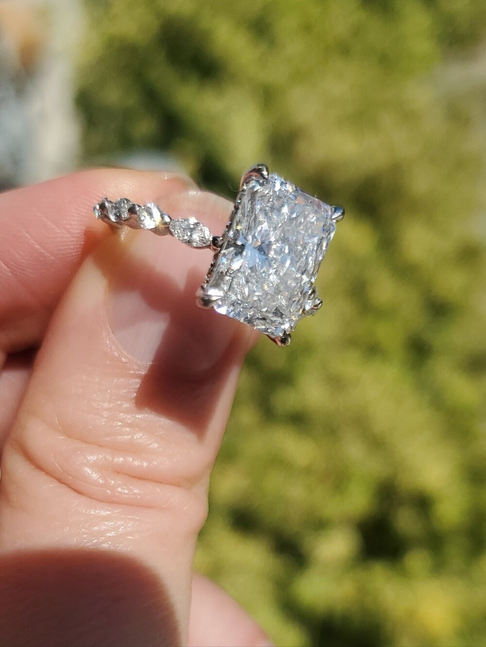4 Carat Radiant Cut Hidden Halo w/ Round & Marquise Alternating Diamond Band Sz6
